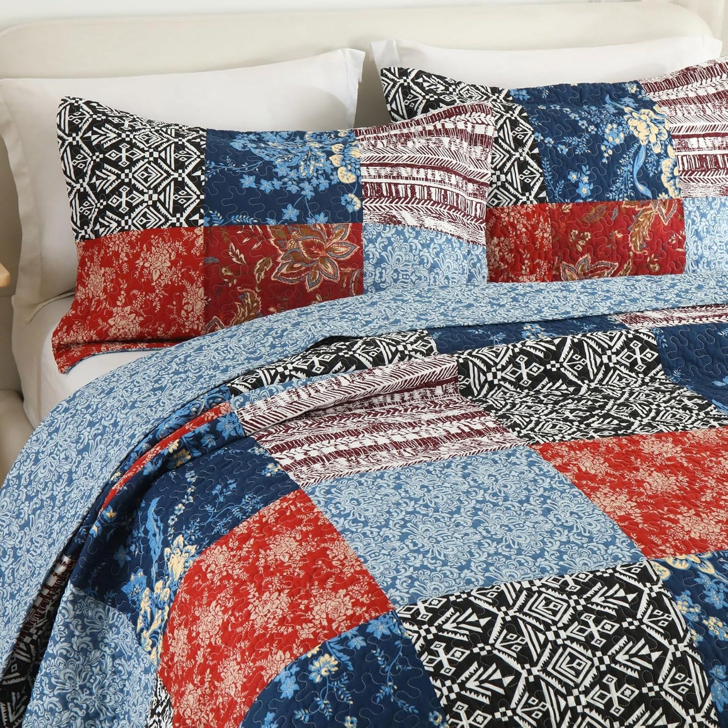 Secgo Queen Comforter Set for Bed - 100% Cotton Quilts Queen Size, Black Bedspreads (90 * 98 Inch) with 2 Pillow Shams, Patchwork Reversible Lightweight Bedding