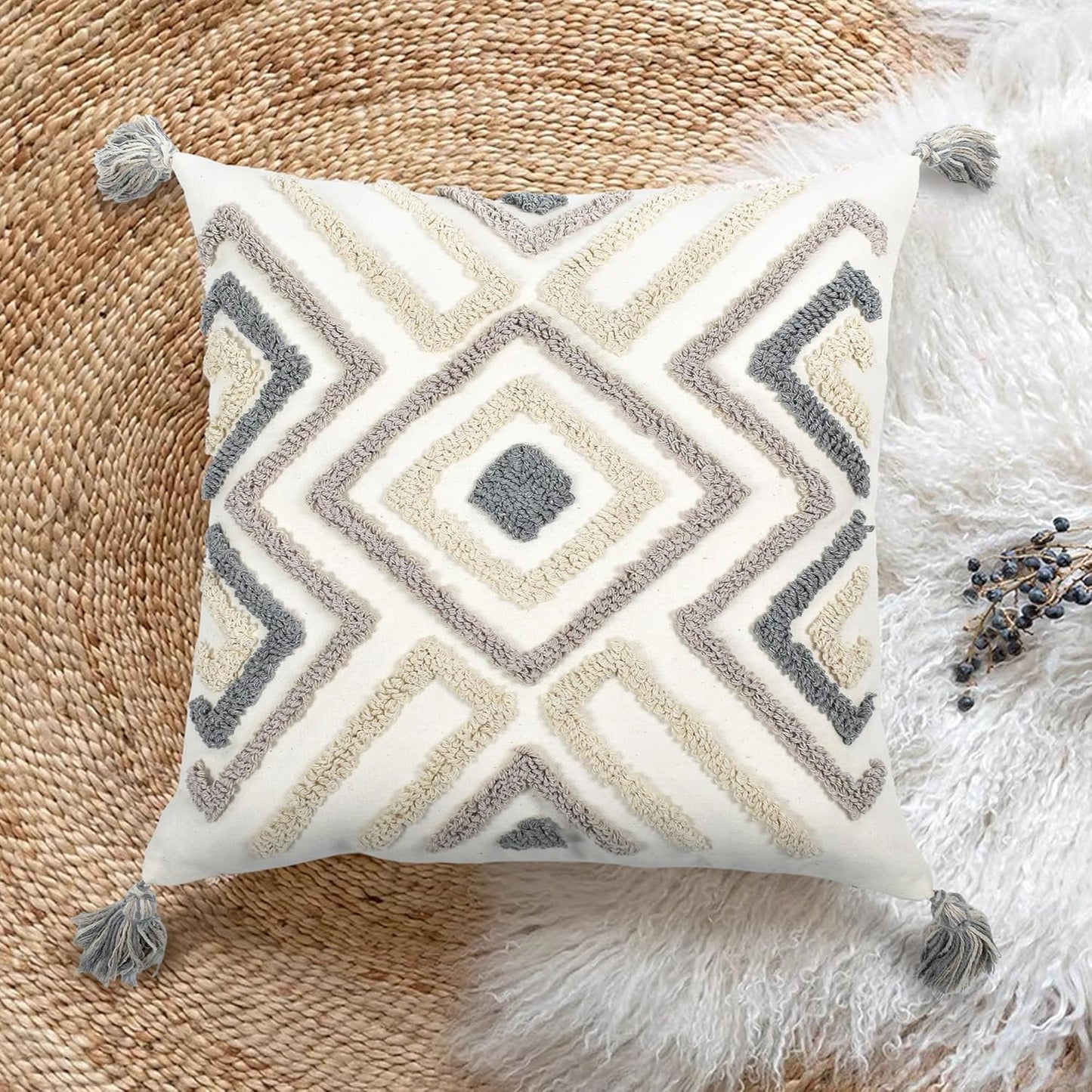 Boho Pillow Covers 20X20 Inch Boho Tufted Throw Pillow Covers Decorative Tassels Cushion Cover Farmhouse Pillow Case for Couch Sofa Bed Living Room Bedroom, Grey Netural