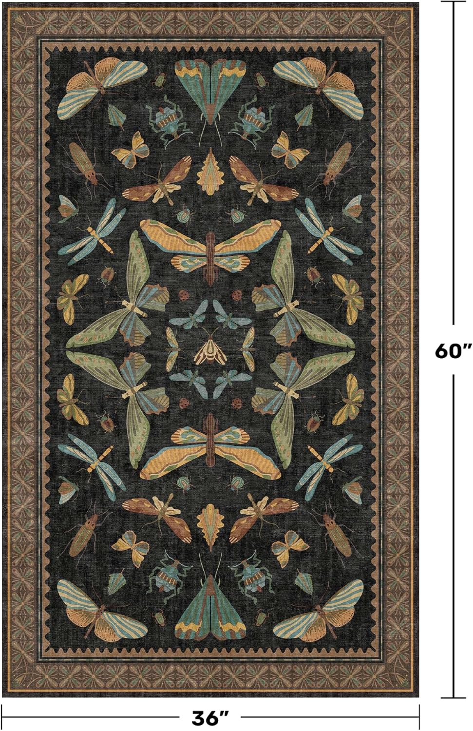 3x5 Entryway Rug Non Slip Washable - Black Throw Rug for Kitchen, Mudroom, Bedroom Bedside, Insect Boho Vintage Aesthetic Décor