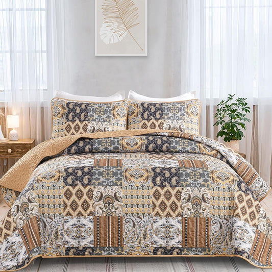 WONGS BEDDING Boho Quilt Set Queen Size, Dark Brown Plaid Patchwork Bedspread Bedding Set Soft Microfiber Quilt for Queen Bed Reversible 3 Pieces Coverlet Set for All Season (96"x90")