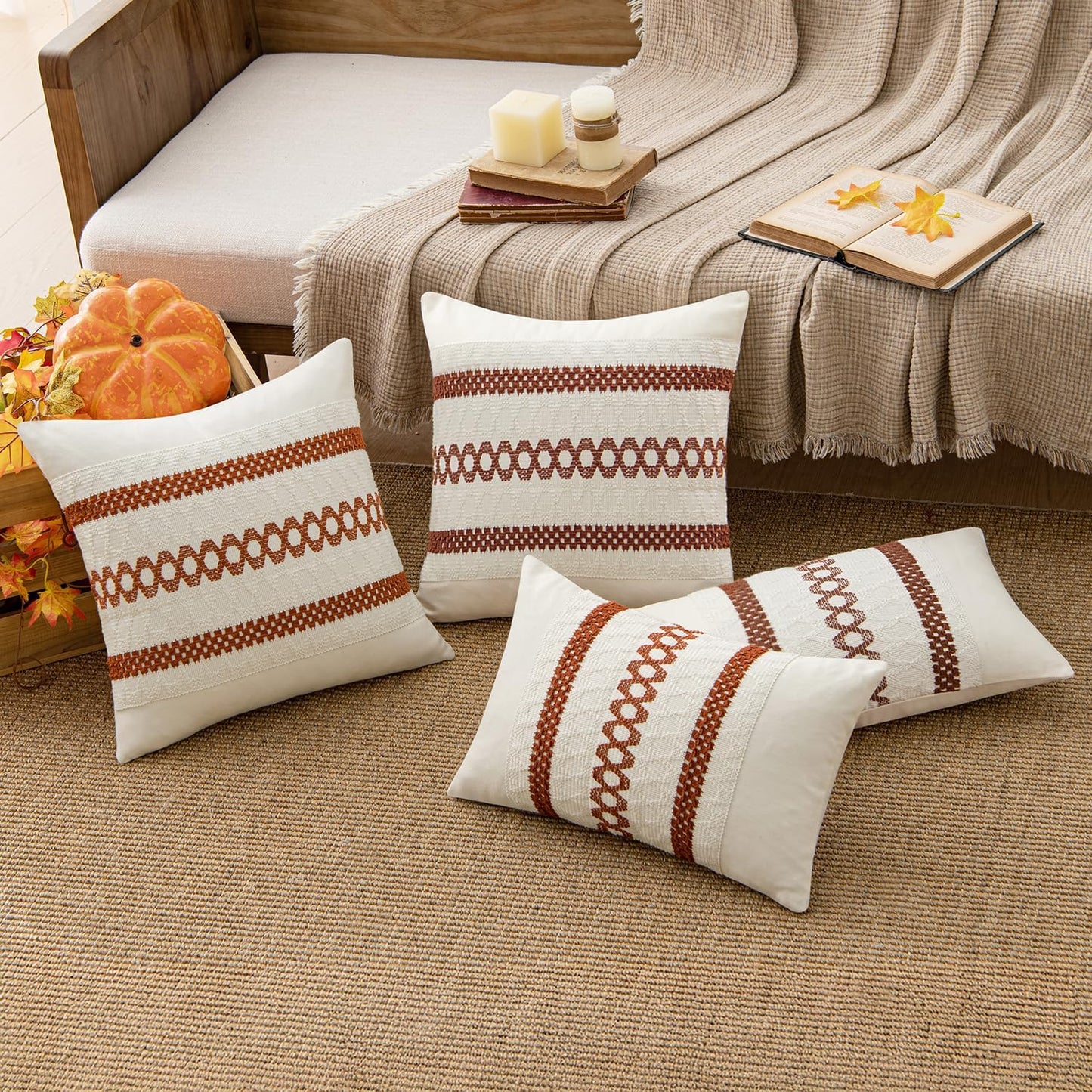 MIULEE Set of 2 Rust Fall Decorative Pillow Covers 20x20 Inch Farmhouse Rustic Boho Couch Throw Pillows Modern Cotton Cushion Covers Retro Cute Macrame Woven Home Decor for Bed Sofa Chair