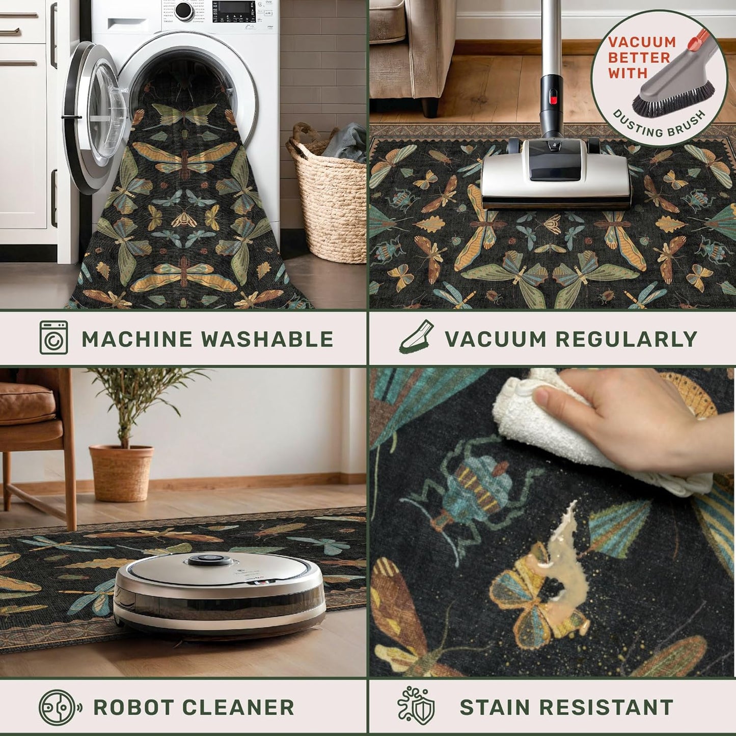 Black Washable Insect Area Rugs 8x10 - Bug, Dragonfly, Bee, Moth, Butterfly Print Rugs for Living Room, Bedroom, Dining Room Under Table, Playroom, Dark Whimscal Boho Carpet, Soft & Non Slip