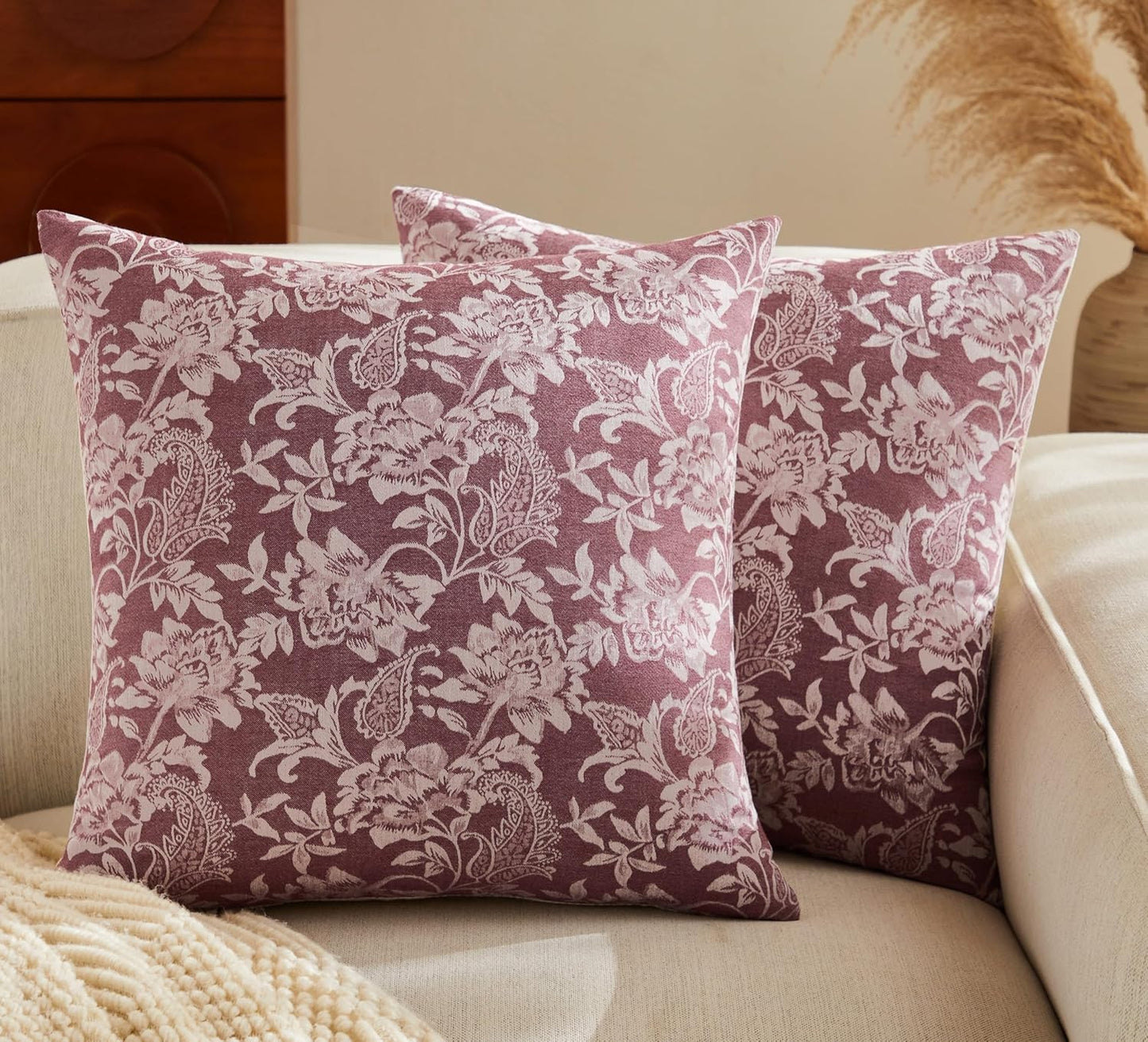 Floral Jacquard Throw Pillow Covers Set of 2, Background/Burgundy 18x18 Inch, Farmhouse Decorative Cotton Burgundy Cushion Covers for Sofa Bed Living Room Home Decor
