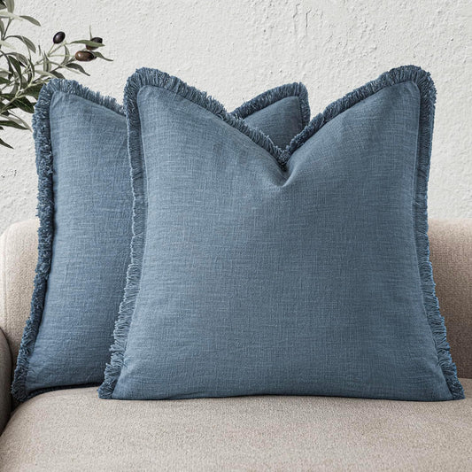 Foindtower Set of 2 Decorative Linen Fringe Throw Pillow Covers Cozy Boho Farmhouse Cushion Cover with Tassels Soft Accent Pillowcase for Couch Sofa Bed Living Room Home Decor, 24×24 Inch, Misty Blue