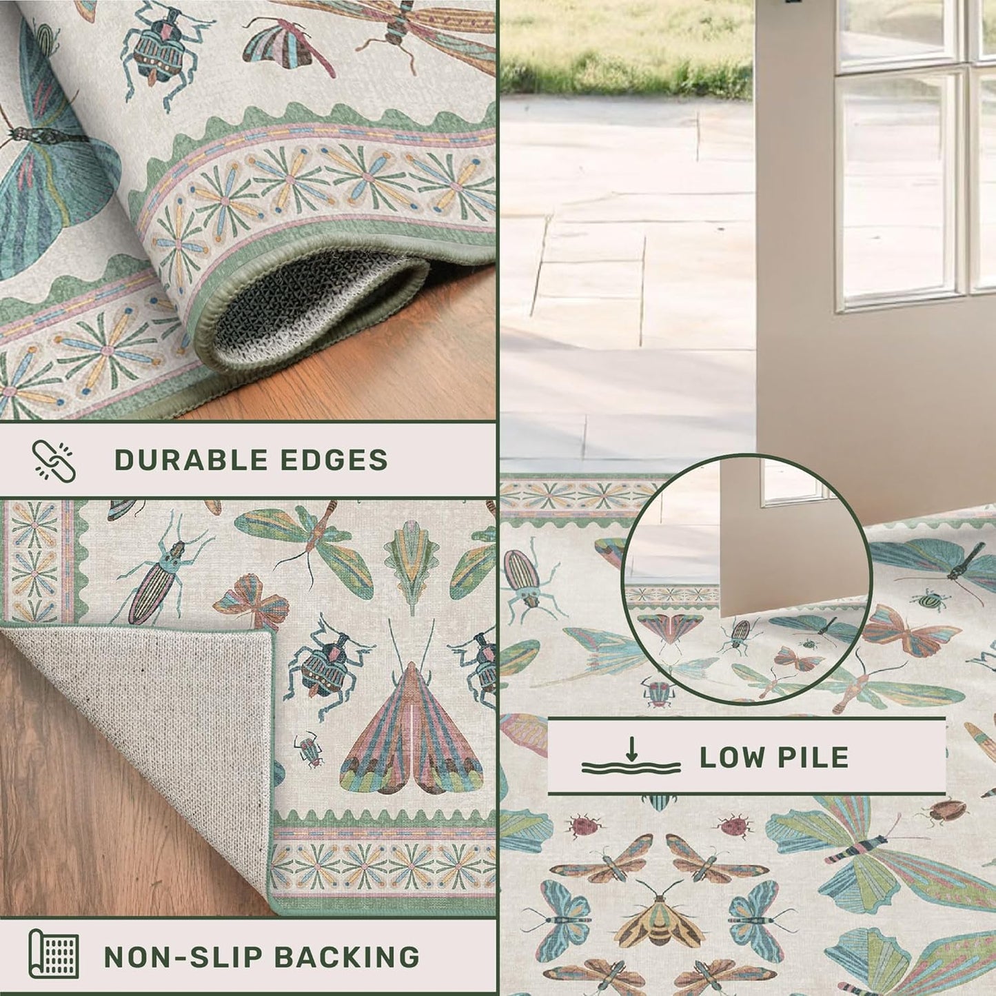 5x7 Pink and Green Nursery Rug - Colorful Rug for Bedroom, Living Room, Insect Butterfly Floral Non-Slip Soft Carpet