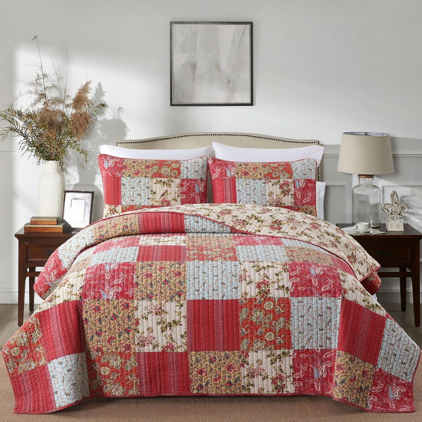 Secgo Queen Size Comforter Set- 100% Cotton Quilt Queen Size Set, Green, Sage bedspreads (90 * 96 Inch) with 2 Pillow Shams, Patchwork Reversible Lightweight Bedding