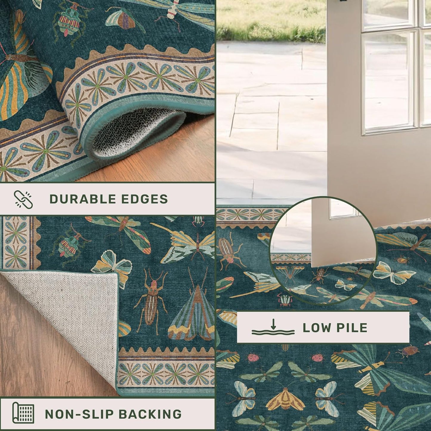 Teal 3x5 Entryway Rug - Door Rug Indoor for Large Kitchen, Living Room, Washable Low Pile Insect Décor