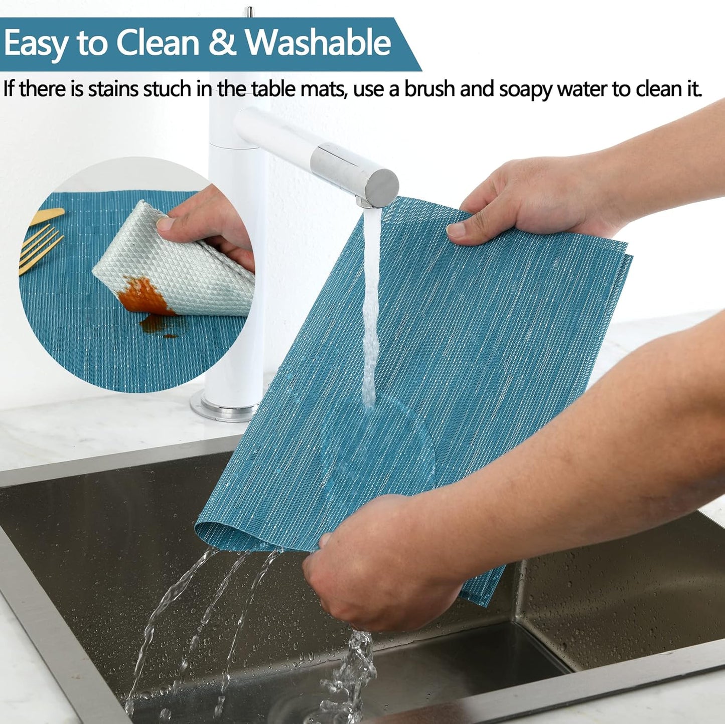 Vinyl Placemats Set of 6 - Easy Clean Place Mats - Washable Heat Resistant Table Mats for Dining Table - 17x12 Inch (Sky Blue Turquoise, 6)