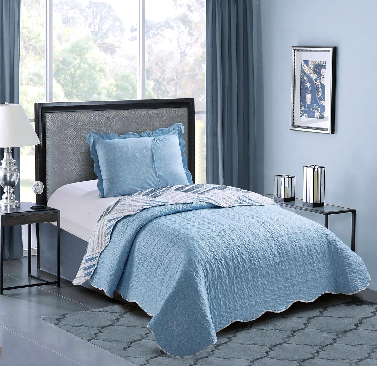 Brilliant Sunshine Blue and Grey Stripe Blocks Patchwork, 2-Piece Quilt Set with 1 Sham, Reversible Bedspread, Soft Lightweight Coverlet, All-Season, Twin, Blue Grey