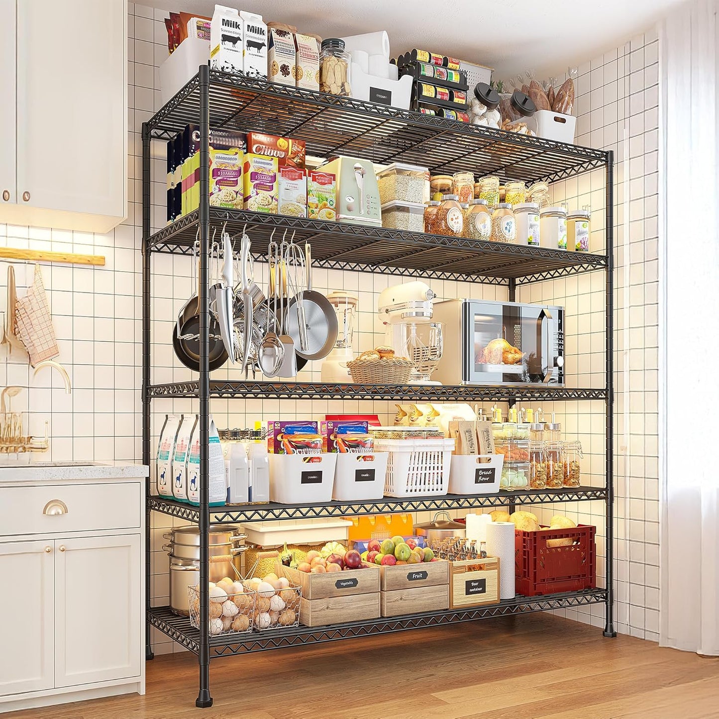 REIBII 45.5''W Storage Shelves Wire Shelving, 5 Tier Pantry Shelves for Storage Rack, Adjustable Metal Shelving for Pantry Kitchen Steel Shelving, 45.5" W x 71" H x 17.7" D