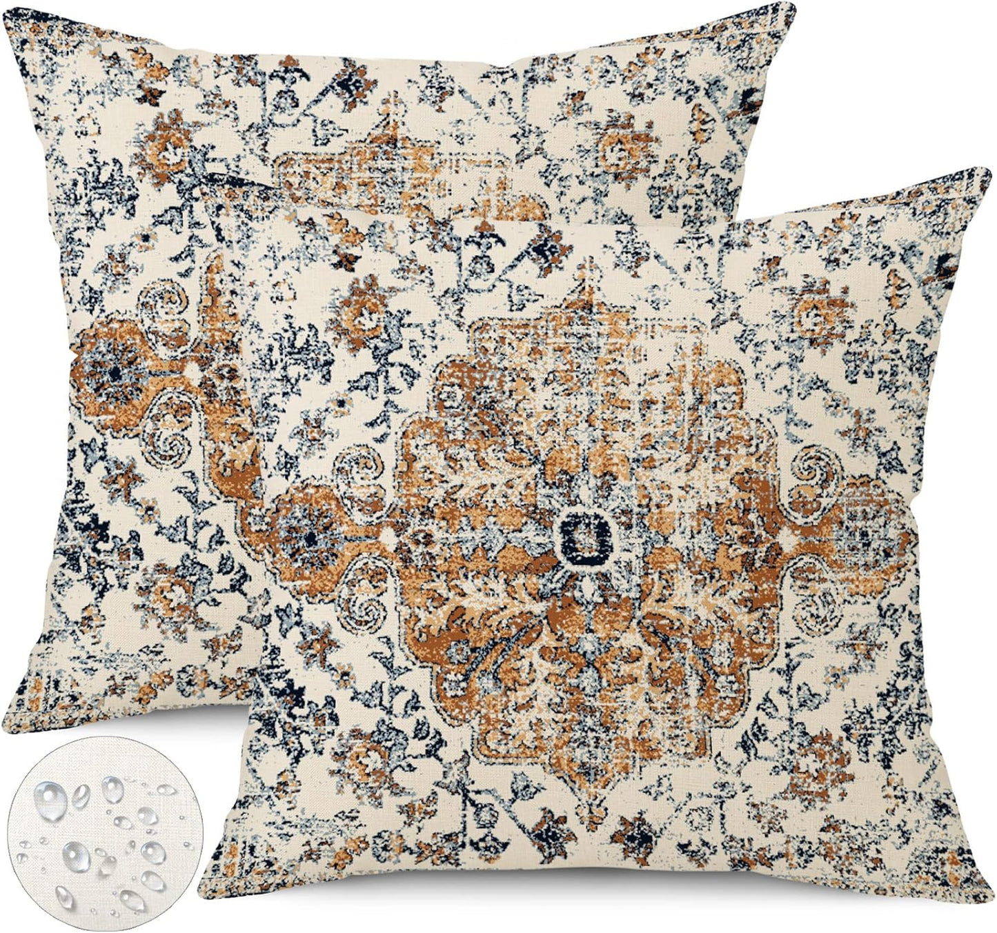 Outdoor Waterproof Pillow Covers 16x16 Inch Set of 2 - Bohemian Vintage Carpet Pattern Gold Blue Ethnic Design Decorative Farmhouse for Couch Garden Balcony（40cmx40cm）