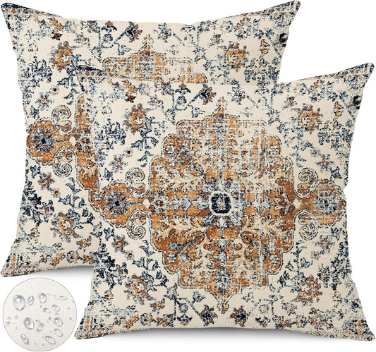 Outdoor Waterproof Pillow Covers 16x16 Inch Set of 2 - Bohemian Vintage Carpet Pattern Gold Blue Ethnic Design Decorative Farmhouse for Couch Garden Balcony（40cmx40cm）