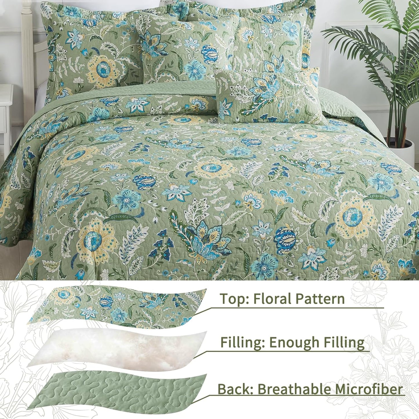 VAPUTAR King Quilt Bedding Set - Cotton Bedspreads King Size (98 x 106 inch) with Floral Pattern, Farmhouse Lightweight King Size Quilt Suitable for All Season（3 Pieces, Olive Green）