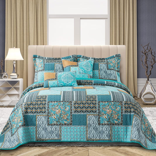 VAPUTAR King Size Quilt Bedding Set - Soft Cotton King Size Bedspreads (98 * 106 in) - Lightweight Patchwork Floral Quilts for Farmhouse Bedroom (Teal/Green Chic, 3 Pieces)