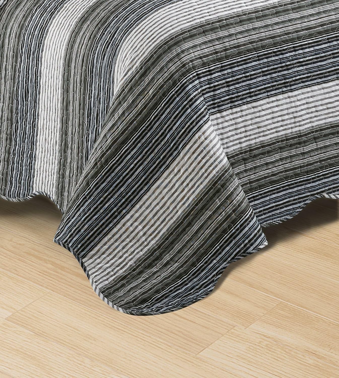 Brilliant Sunshine Multi Grey Stripes Patchwork, 3-Piece Quilt Set with 2 Shams, Reversible Bedspread, Soft Lightweight Coverlet, All-Season, Full/Queen, Multi Grey