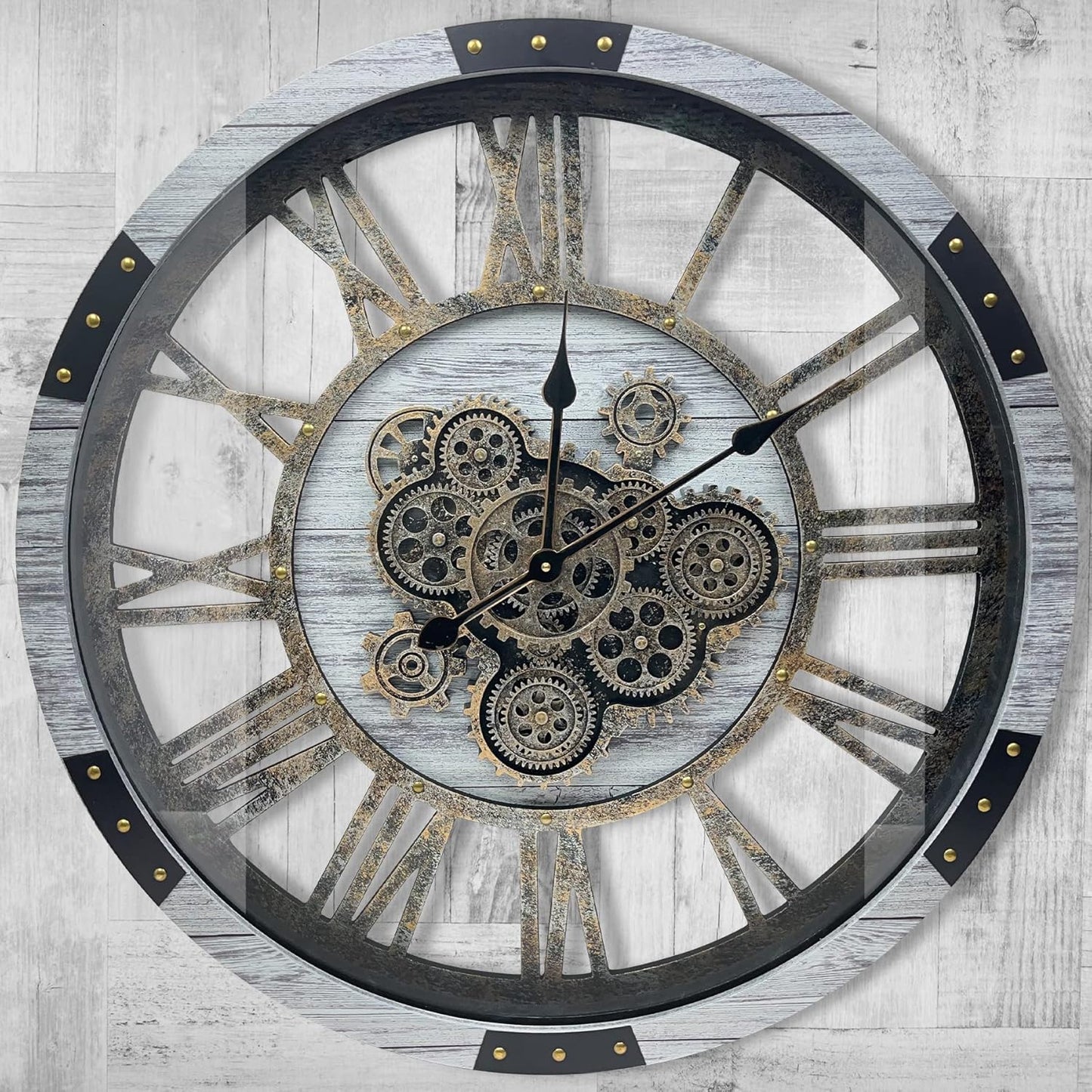 DORBOKER 30" Original Moving Gears Wall Clock, Large Industrial Wall Clock for Living Room Decor, Solid Wood Vintage Farmhouse Steampunk Rustic Clocks for Wall Decor,Silver Grey