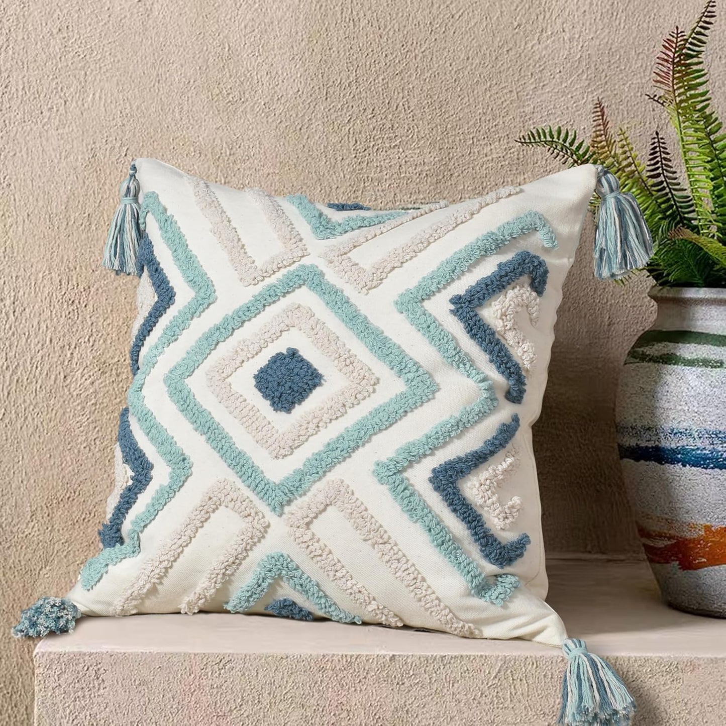 Boho Pillow Covers 18X18 Inch Boho Tufted Throw Pillow Covers Decorative Tassels Cushion Cover Farmhouse Pillow Case for Couch Sofa Bed Living Room Bedroom, Teal