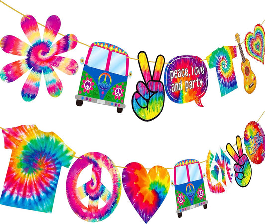 2pcs Tie Dye Birthday Banner Tie Dye Birthday Party Supplies Tie Dye Party Garland Decorations for Tie Dye Party Art Retro 60s 70s Theme Hippie Carnival Baby Shower Birthday Party Supplies