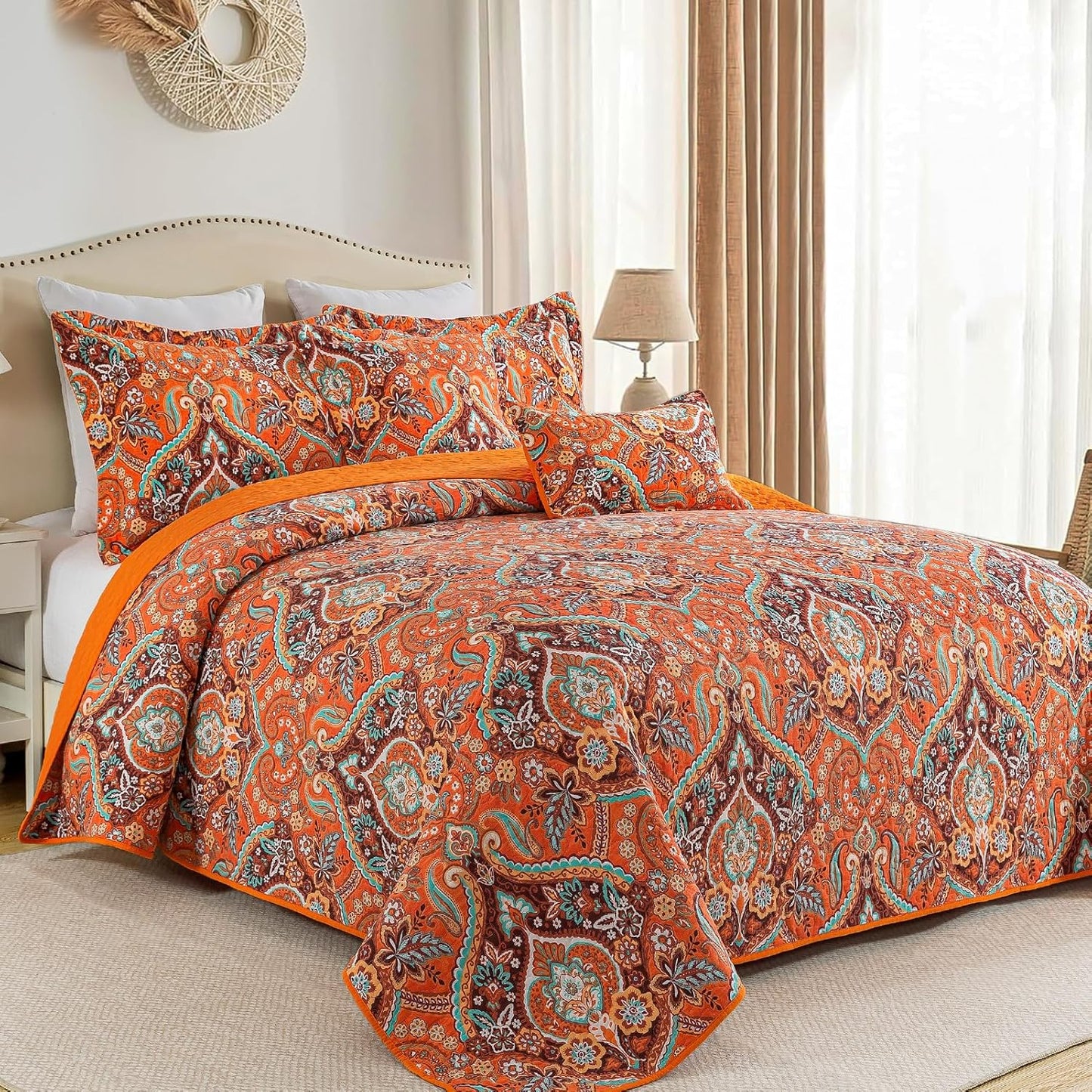 VAPUTAR Cotton Quilts Queen Size, Queen Quilt Bedding Set with Bohemian Damask Pattern-3 Pieces Lightweight Soft Bedspread Queen Size Coverlet (90 * 98 in) Suitable for All Season (Light Orange)