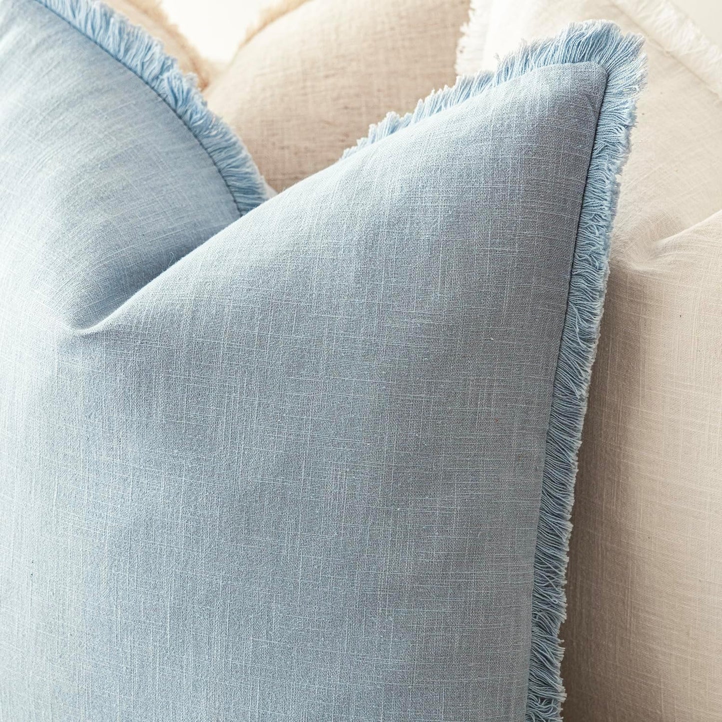 Foindtower Set of 2 Decorative Linen Fringe Throw Pillow Covers Boho Farmhouse Cushion Cover with Tassels Soft Accent Pillowcase for Couch Chair Sofa Bed Living Room Home Decor,18×18 Inch,Sky Blue