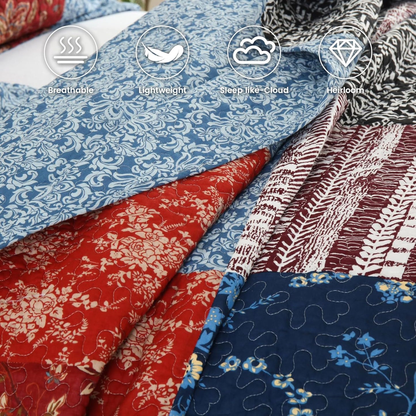 Secgo King Comforter Set for Bed - 100% Cotton Quilts Queen Size, Black Bedspreads (98 * 106 Inch) with 2 Pillow Shams, Patchwork Reversible Lightweight Bedding