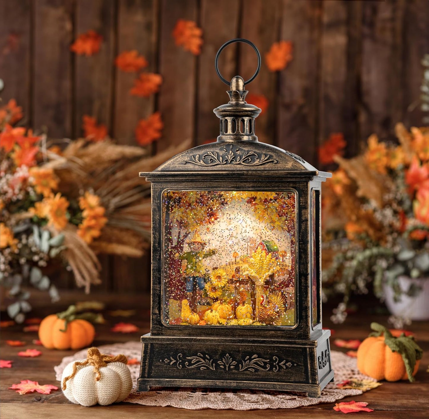 12.5'' Fall Snow Globe Lantern - Scarecrow and Turkey Lighted Water Lantern with Swirling Glitter Fall Decorations for Home, Thanksgiving, Autumn Harvest Fall Decor