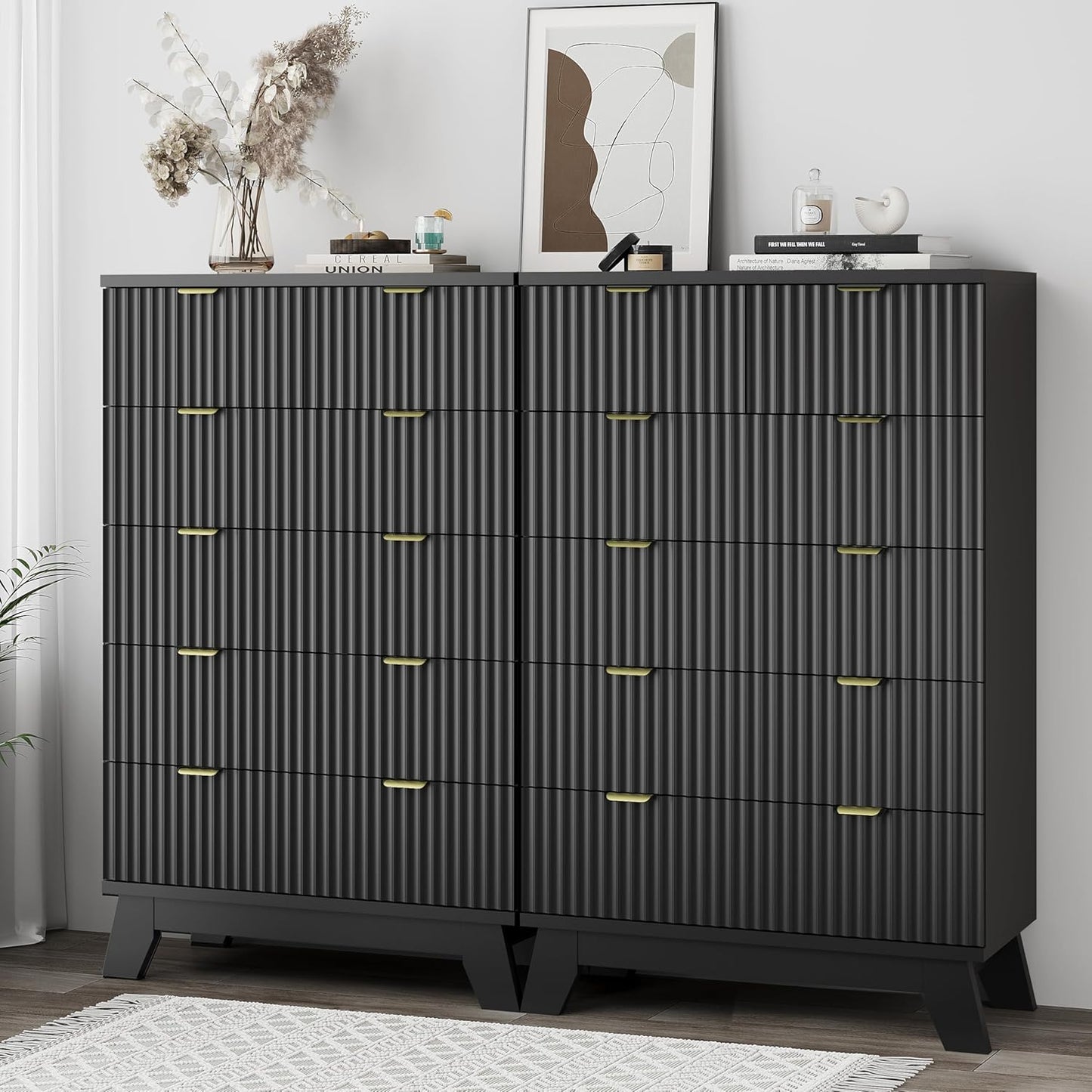 Fluted Dresser for Bedroom with 6 Drawers, 46" Tall Modern Chest of Drawers with Metal Handle, Wooden Dresser TV Stand, Wood Closet Clothes Storage Organizer for Living Room, Hallway, Black