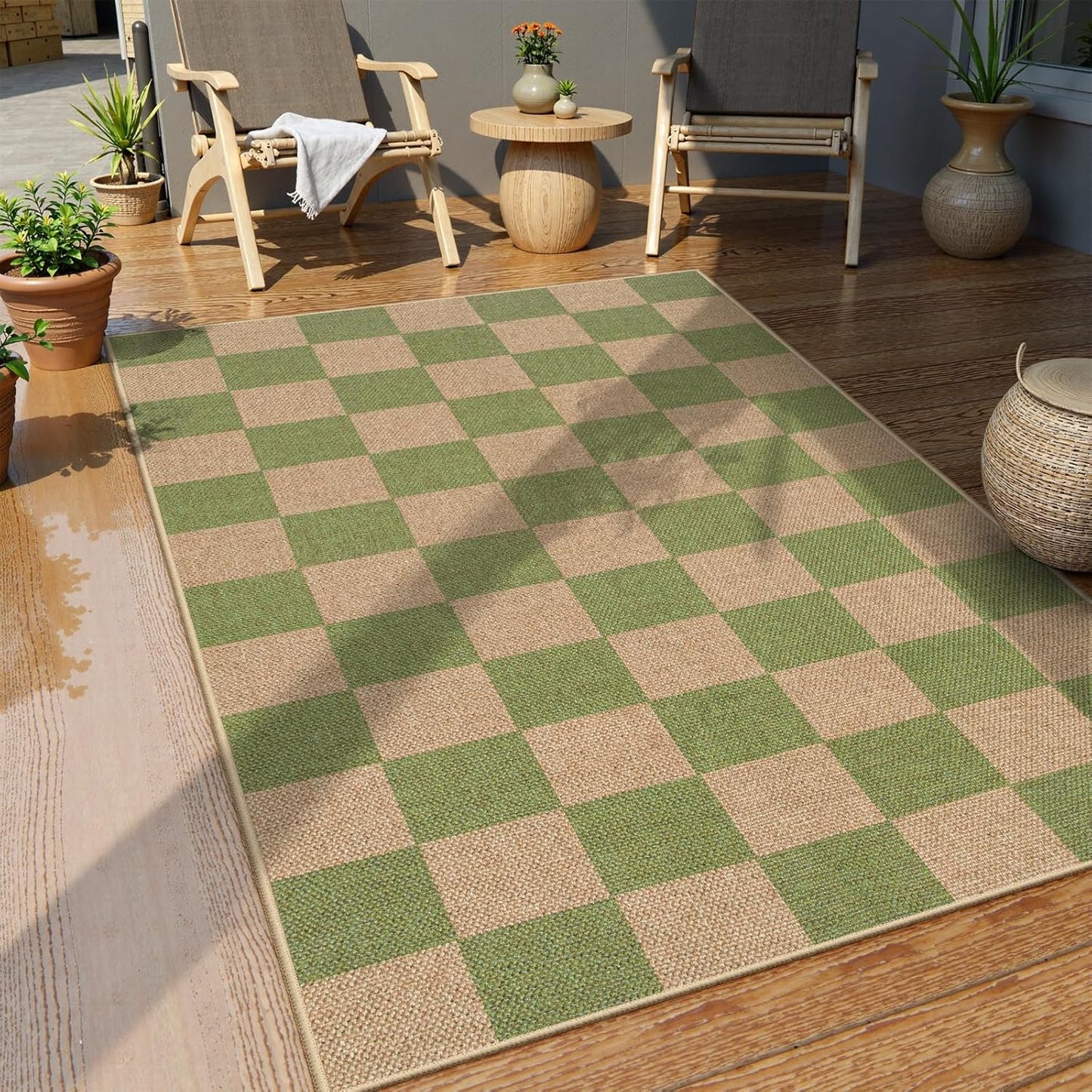 Lahome Checkered 3x5 Washable Rug, Green Easy Jute Rug for Entryway Living Room, Modern Non Slip Non Shedding Indoor Outdoor Carpet for Porch Deck Kitchen