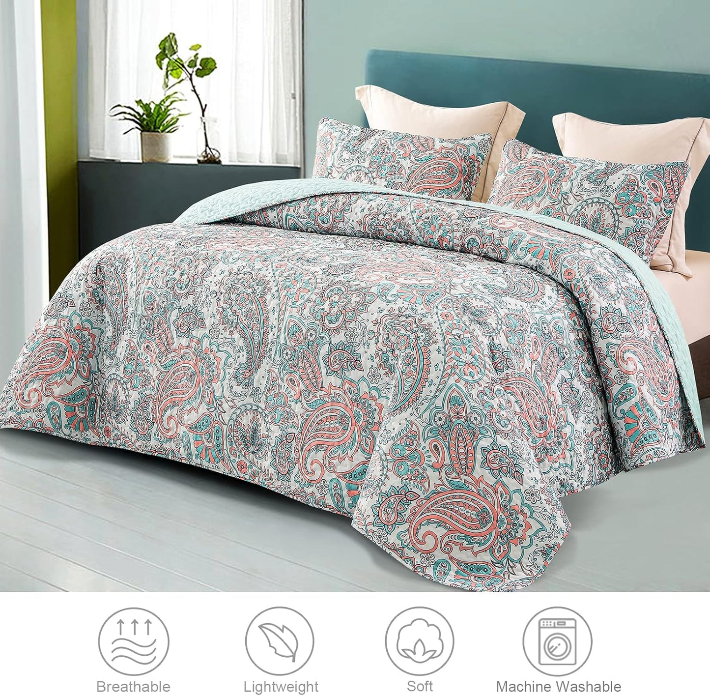 Exclusivo Mezcla Reversible Boho Quilt Set King Size, 3 Pieces Paisley Aqua All Season Bedspreads, Ultra Soft Floral Coverlet Bedding Set with Printed Pattern (1 Quilt, 2 Pillow Shams)