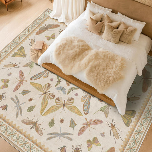 Large Beige Farmhouse Rugs for Living Room - 9x12 Area Rug for Bedroom, Dining Room, Kids Playroom, Stain Resistant Non Slip Low Pile Lightweight Carpet Indoor Butterfly Décor