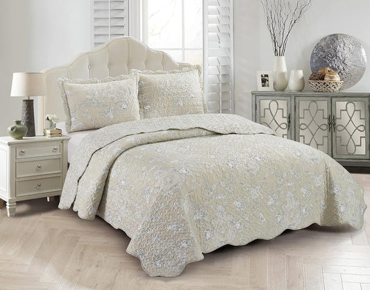 Brilliant Sunshine Classic Grey Floral Toile in Beige Background, 3-Piece Quilt Set with 2 Shams, Reversible Bedspread, Soft Lightweight Coverlet, All-Season, Full/Queen, Beige