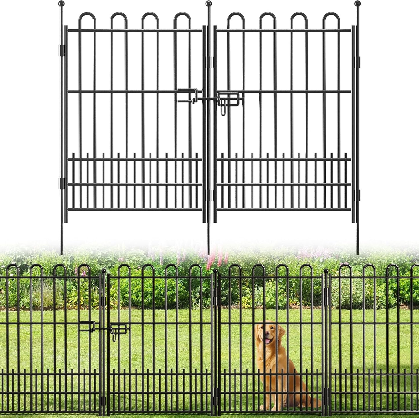 10 Panels Decorative Garden Fence with U-Shape and Latch Gate, 39.51 in(H) X 23.08 ft(L) Dog Fence Outdoor for Yard Security, Garden Fencing Includes Deep Stakes