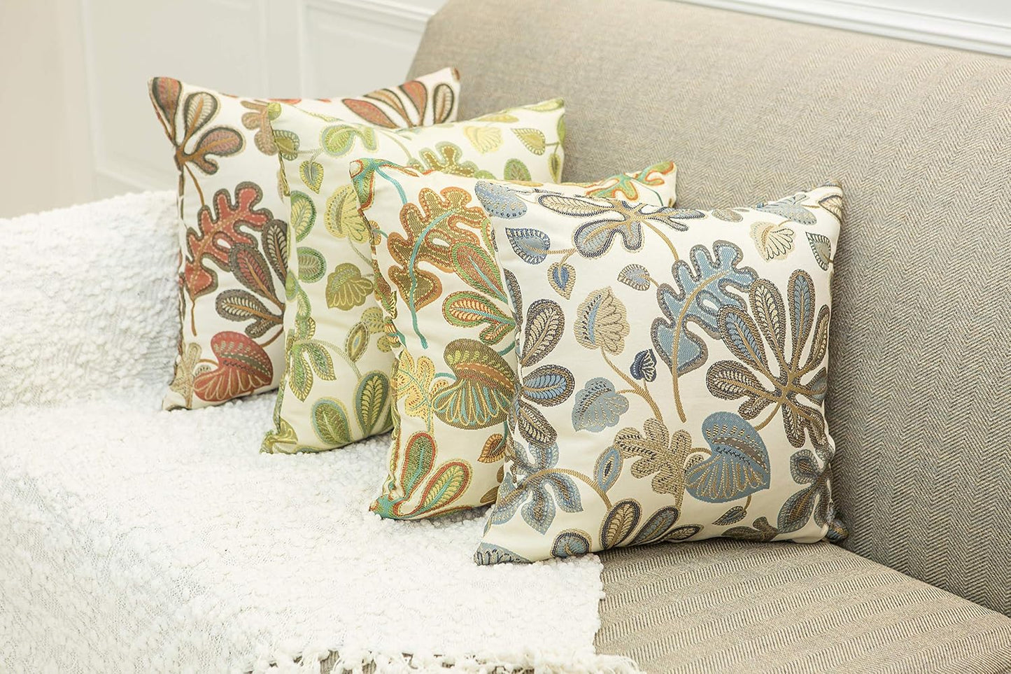 Set of 2 Jacquard Tropical Leaf Pattern Throw Pillow Covers Decorative Pillowcase 22X22 Inches,Blue Cream