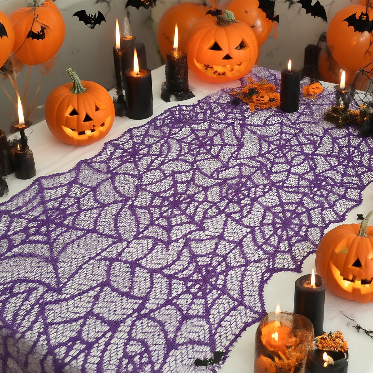 1-Pack Halloween Table Runner, Purple Spider Web Lace Table Runner, Gothic Kitchen Decor, Fall-Themed Party Decorations, Spider Web Reusable Home Accent, 13 x 72 Inches