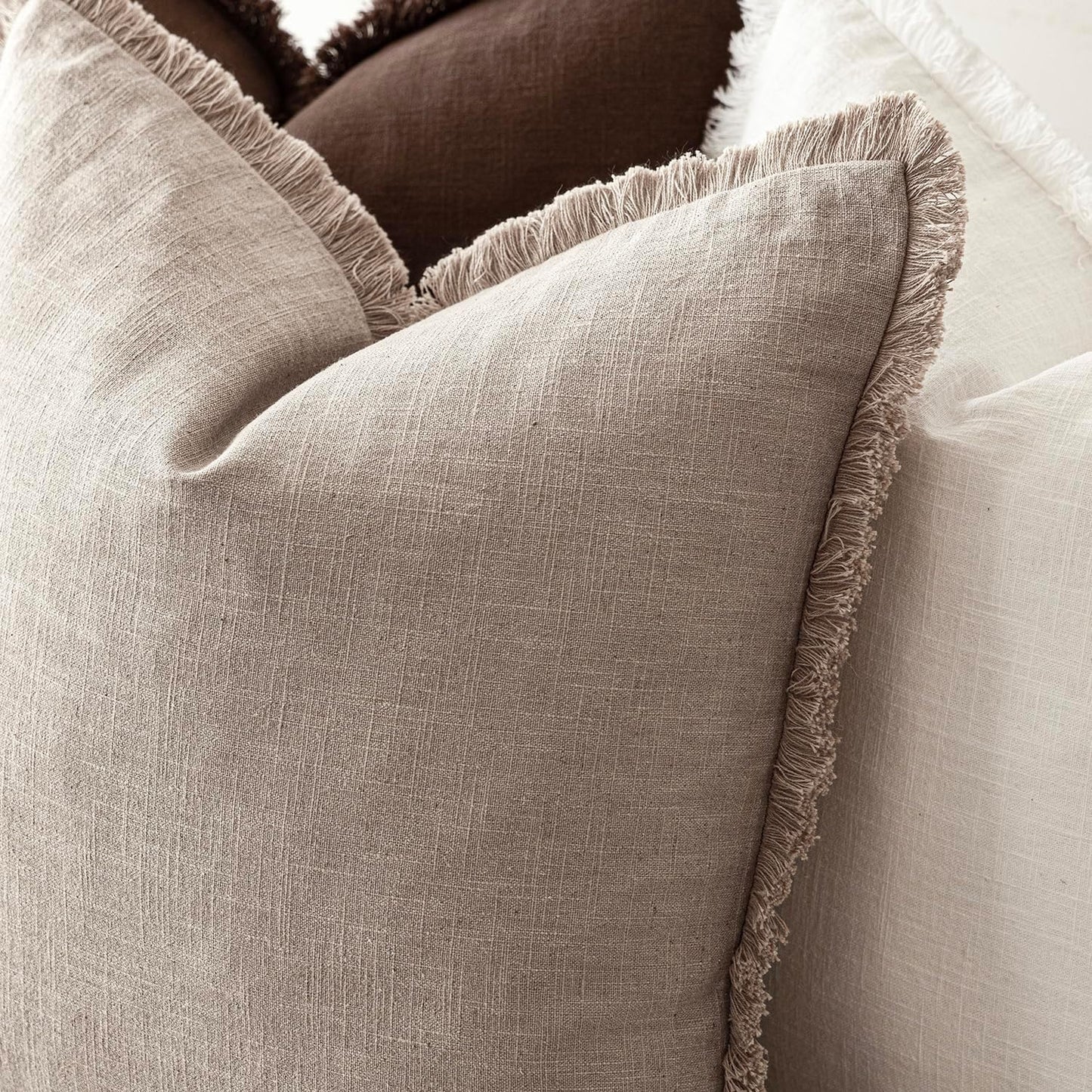 Foindtower Set of 2 Decorative Linen Fringe Throw Pillow Covers Farmhouse Cushion Cover with Tassels Soft Accent Pillowcase for Couch Chair Sofa Bed Living Room Home Decor,24×24 Inch,Natural Linen