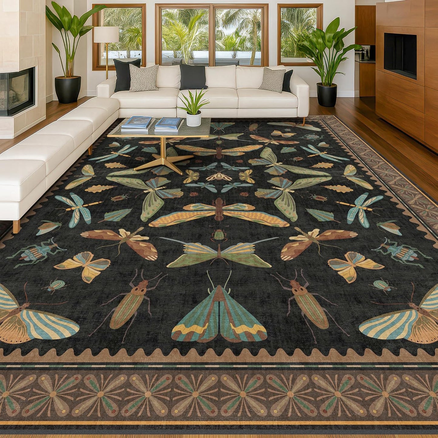 Large Black Rug for Living Room - Area Rugs 9x12 Dining Room Table, Large Bedroom Under Bed, Unique Insect Bug Home Décor, Foldable Soft Stain Resistant