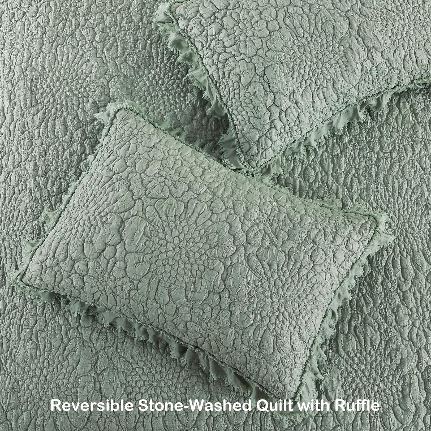 HORIMOTE HOME Sage Green Ruffled Quilt King Size, Stone-Washed Microfiber Lightweight Crinkled Farmhouse Rustic Shabby Chic Bedding Set, 3 Pieces Reversible Bedspread with Pillow Shams for All Season