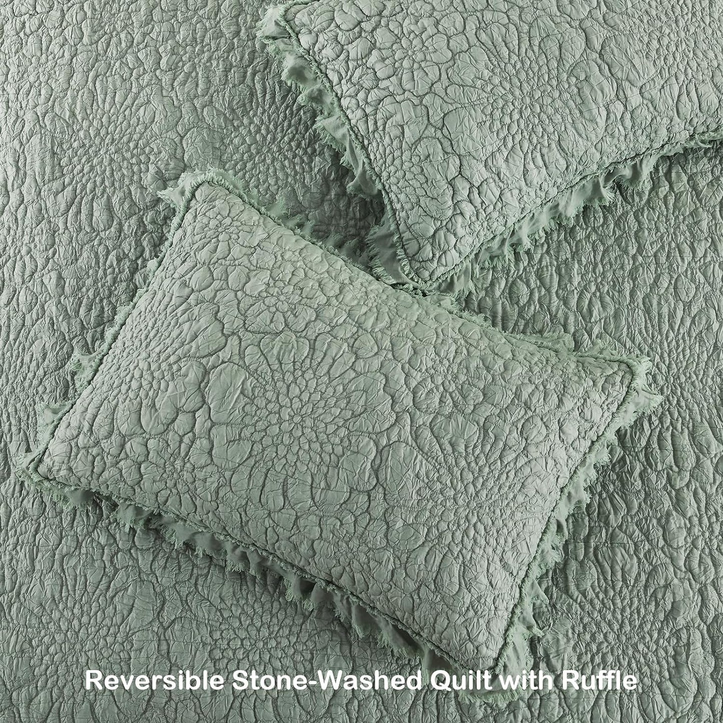 HORIMOTE HOME Sage Green Ruffled Quilt Twin Size, Stone-Washed Microfiber Lightweight Crinkled Farmhouse Rustic Shabby Chic Bedding Set, 2 Pieces Reversible Bedspread with Pillow Sham for All Season