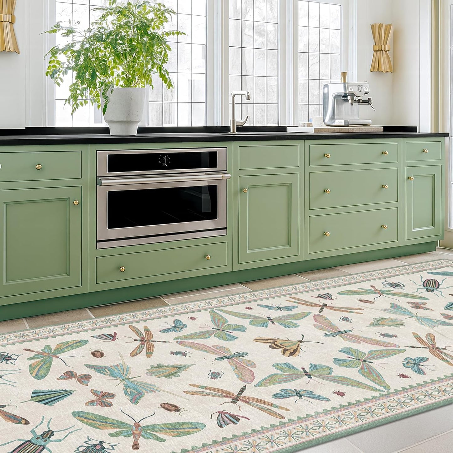 Insect Print Long Hallway Runner Rug - Light Green Rug for Kitchen Floor, Entryway Runner Rug, Washable Non Slip with Rubber Backing, Cool Butterfly Indoor Decor