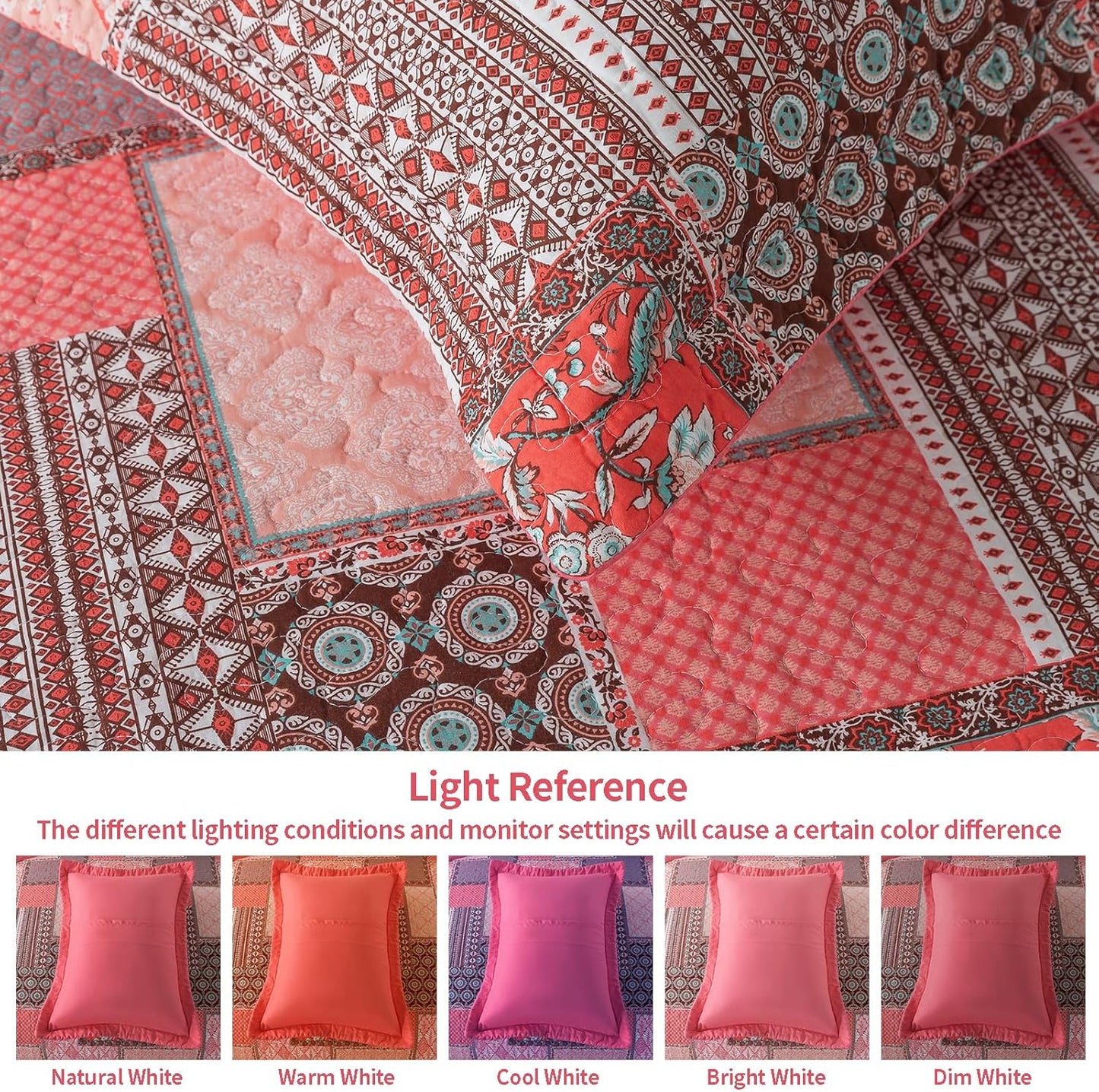 VAPUTAR Cotton Quilts Queen Size, Pink Farmhouse Bedspreads Queen Size (90 * 98 in) - 3 Pieces Lightweight Patchwork Floral Queen Quilt Bedding Set, Queen Coverlet Set Suitable for All Season