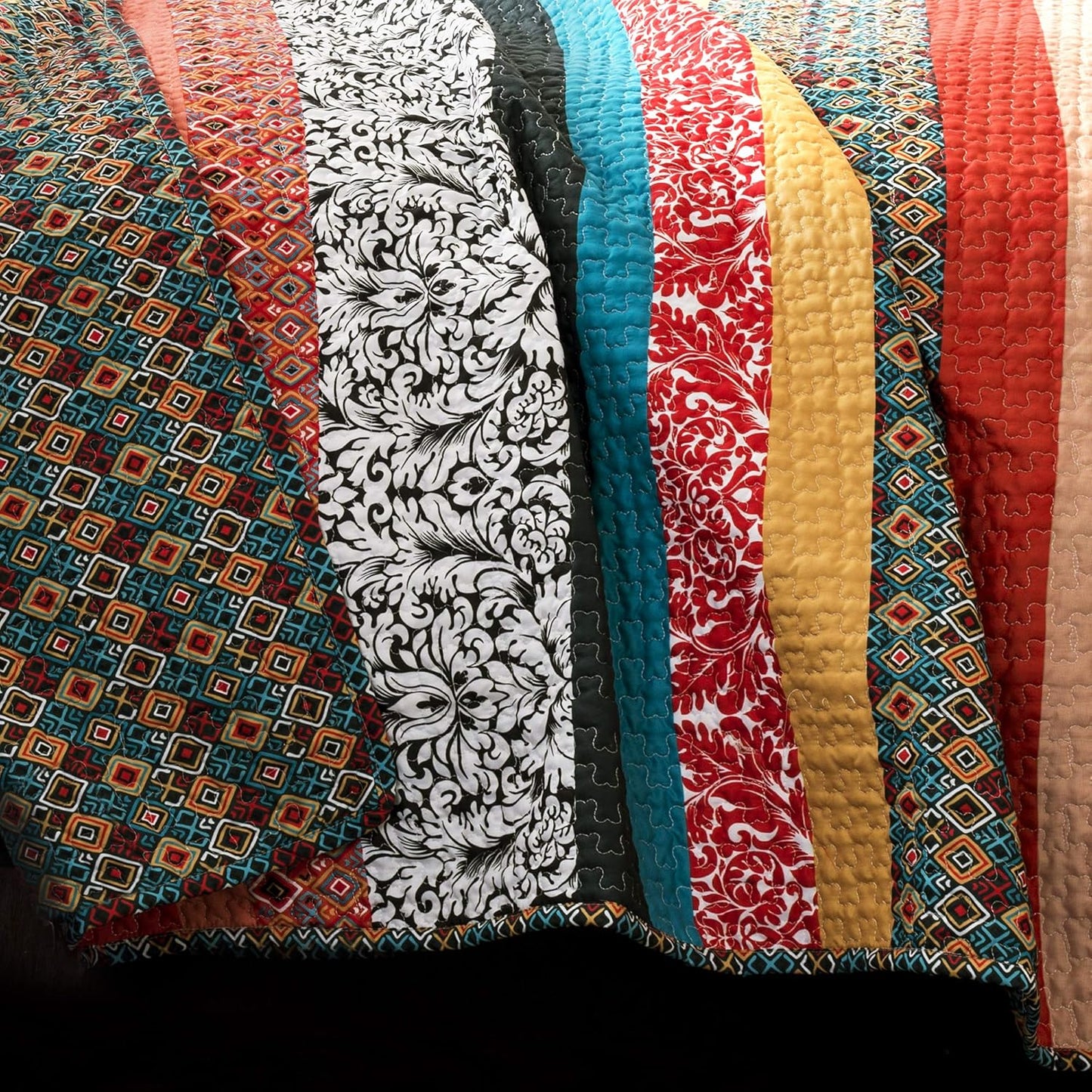 Lush Decor Boho Stripe Reversible Cotton Quilt 3-Piece Set, King, Turquoise & Tangerine - Bold Colorful Bohemian Bedding Set