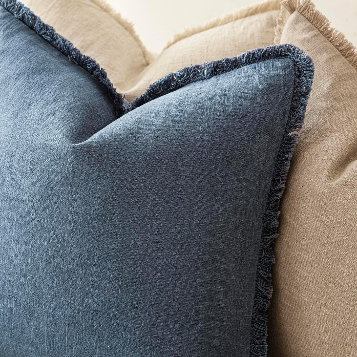 Foindtower Set of 2 Decorative Linen Fringe Throw Pillow Covers Cozy Farmhouse Cushion Cover with Tassels Accent Pillowcase for Couch Chair Sofa Bed Living Room Home Decor,24×24 Inch,Dark Blue