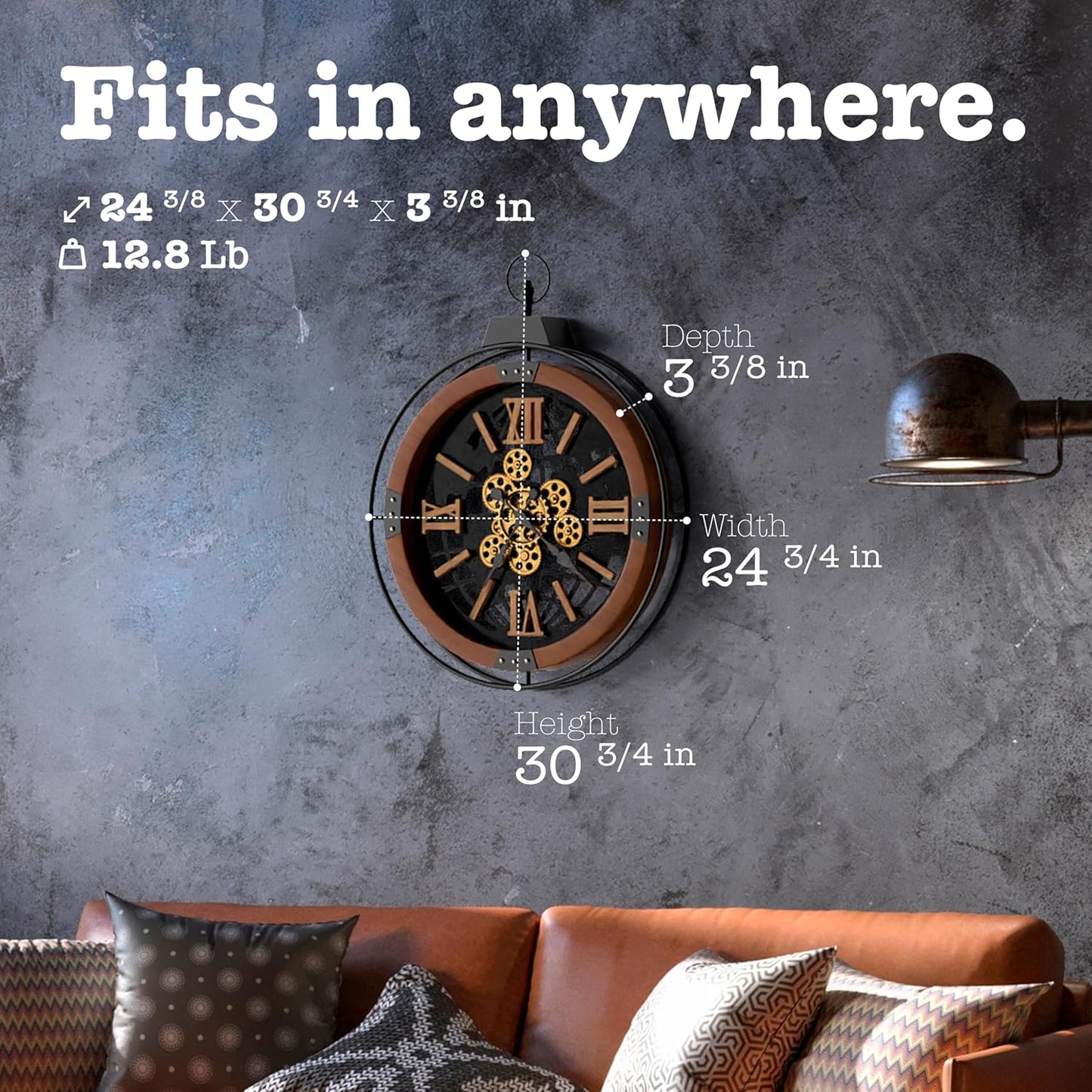 Driini 24 Inch Large Rustic Farmhouse Gear Clock with Moving Gears – Vintage Oversized Wall Clock with Iron Frame – Giant Industrial Steampunk Wall Clock for Living Room Décor (Walnut)