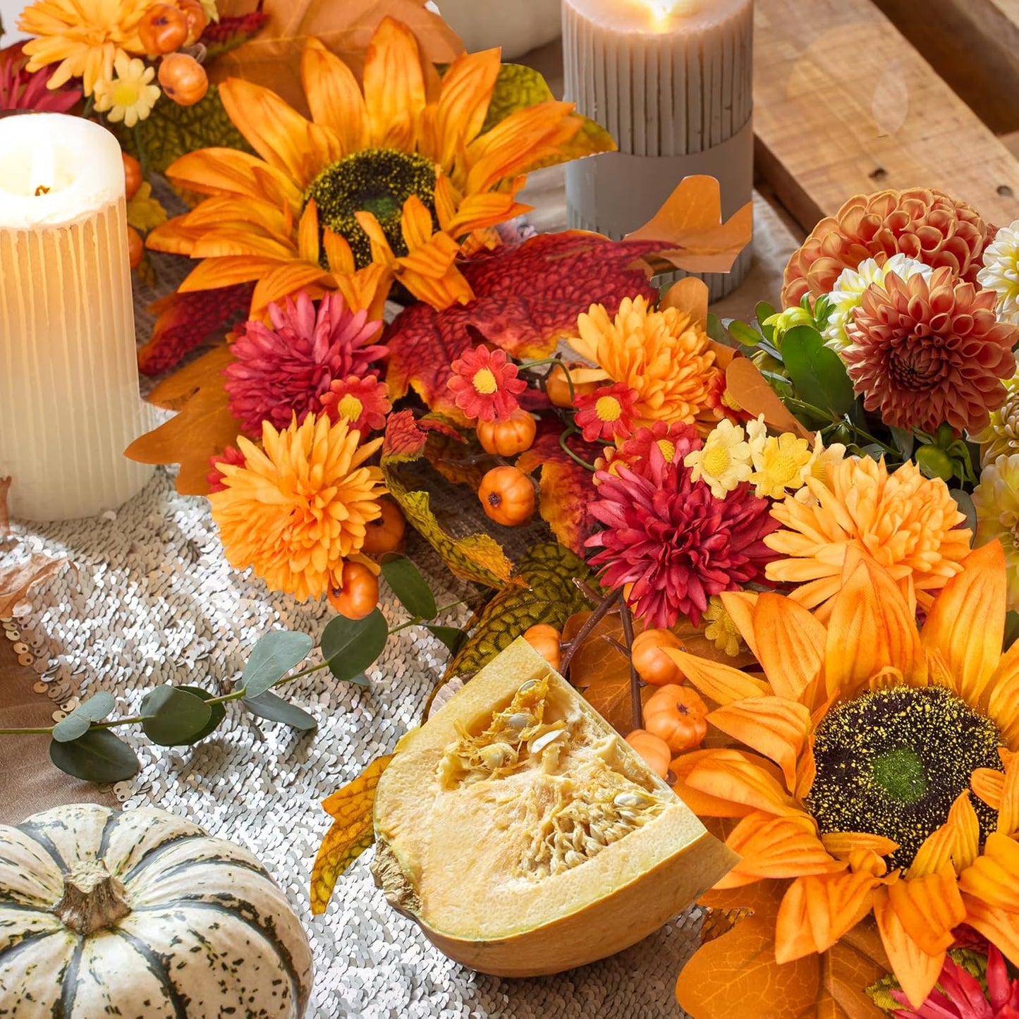 GENMOUS 6ft Fall Maple Leaves Garland, Artificial Sunflower Autumn Wreath with Small Pumpkins Home Decor for Thanksgiving, Halloween, Wedding, Fireplace Porch Indoor Outdoor Fall Decoration