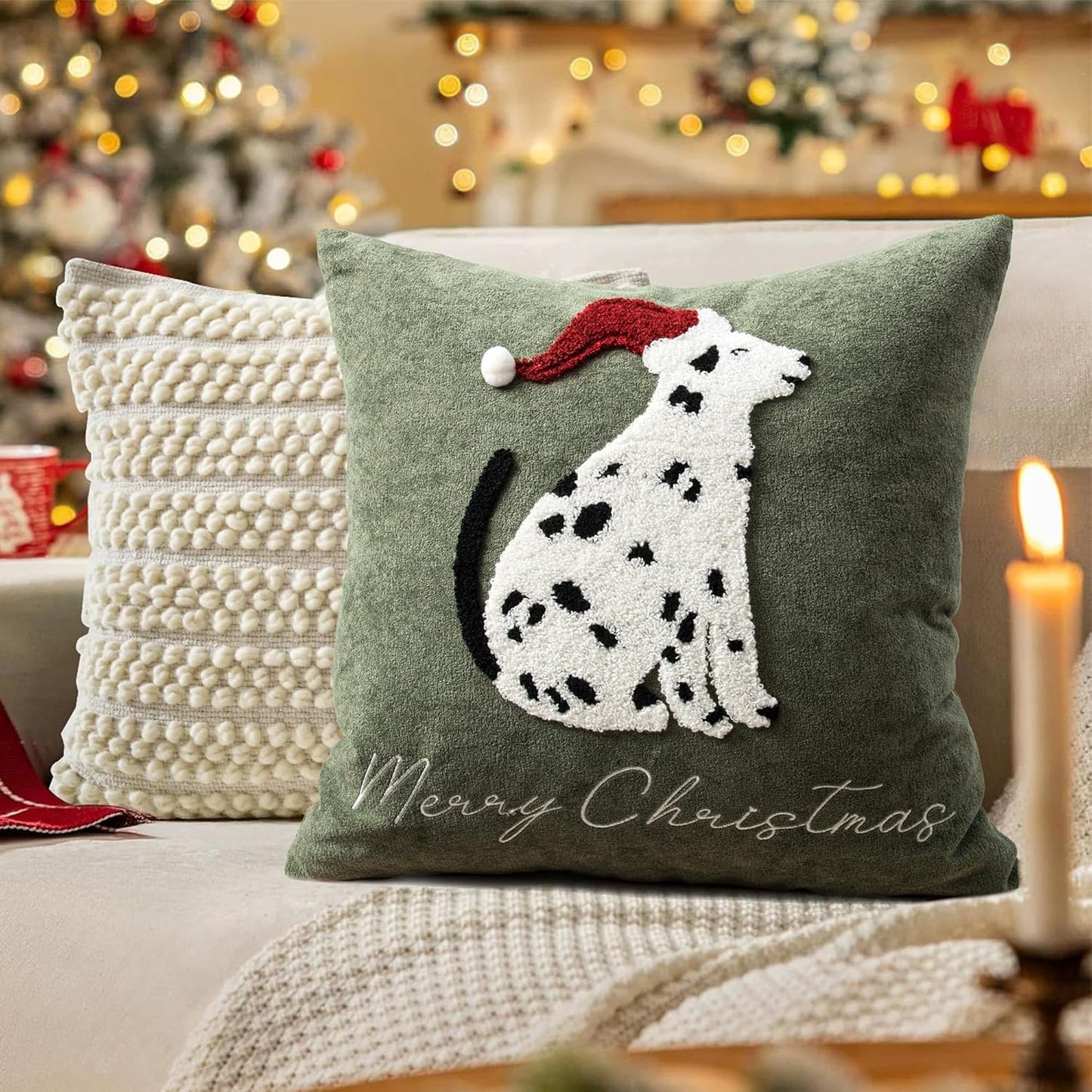 Cute Spotted Dog Christmas Pillow Covers 18x18, Embroidered Throw Pillow Covers Christmas Decorations Holiday Pillows for Home Couch, Green White/Black Velvet Cushion