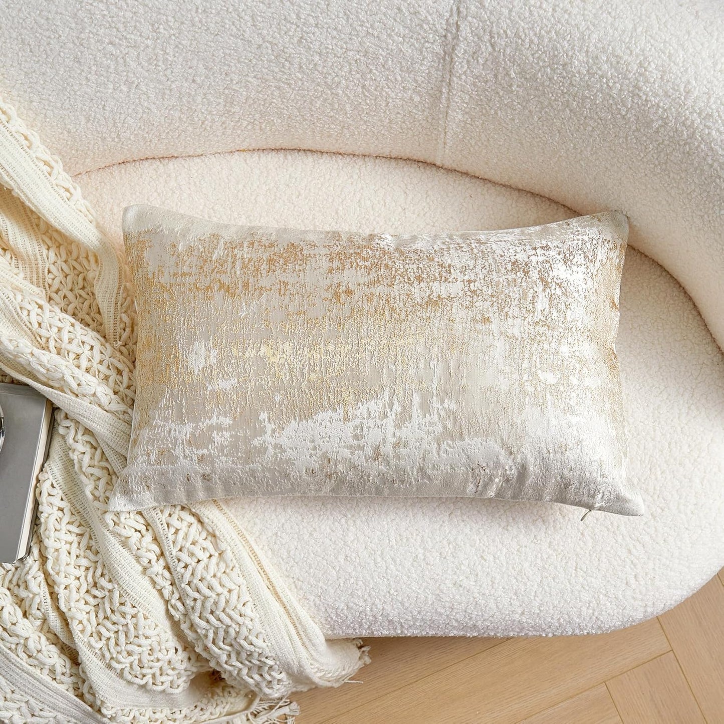 THE-TINOART Cream Beige & Gold Luxury Pillow Cover 12x20 - Embroidered Jacquard with Metallic Thread, Reversible Decorative Throw Pillow Cover for Sofa/Bed, Velvet Backing