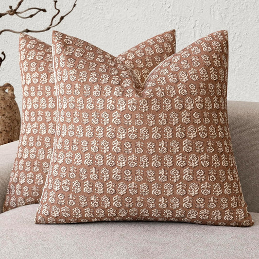 Foindtower Set of 2 Decorative Neutral Floral Print Throw Pillow Covers Vintage Farmhouse Cushion Covers Boho Home Decor for Sofa Chair Couch Bedroom Living Room Outdoor,18×18 Inch,Light Orange Brown