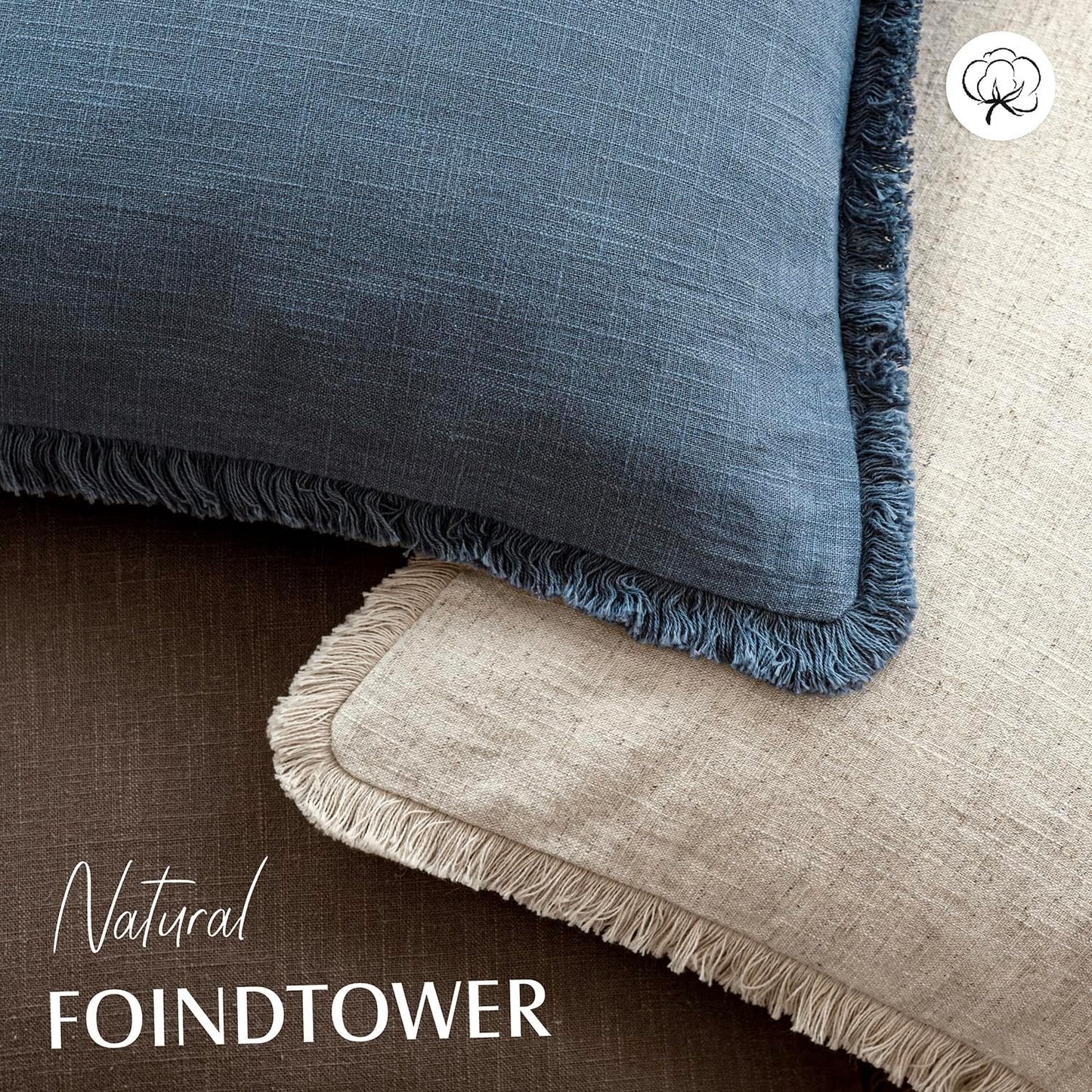 Foindtower Set of 2 Decorative Linen Fringe Throw Pillow Covers Cozy Farmhouse Cushion Cover with Tassels Accent Pillowcase for Couch Chair Sofa Bed Living Room Home Decor,18×18 Inch,Dark Blue