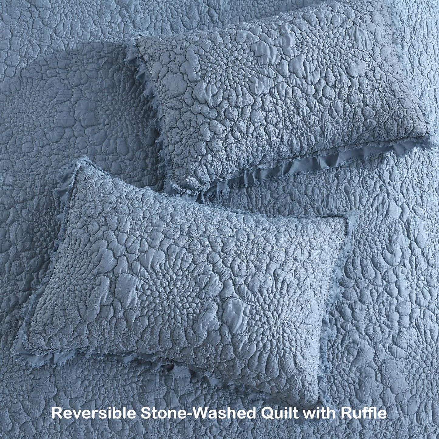 HORIMOTE HOME Blue Ruffled Quilt Twin Size, Stone-Washed Microfiber Lightweight Crinkled Farmhouse Rustic Shabby Chic Bedding Set, 2 Pieces Reversible Bedspread with Pillow Sham for All Season