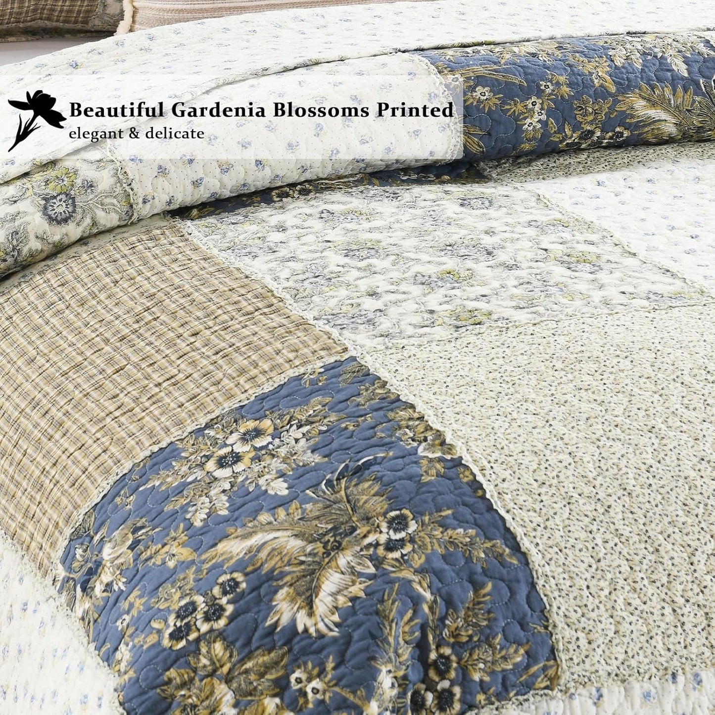 Yvooxny Quilt Set Queen Size Reversible Country Farmhouse Floral Real Patchwork Quilted Bedspread 3-Piece Quilt Set with Pillowcases with Ruffles for All Seasons, 90 x 98 Inches